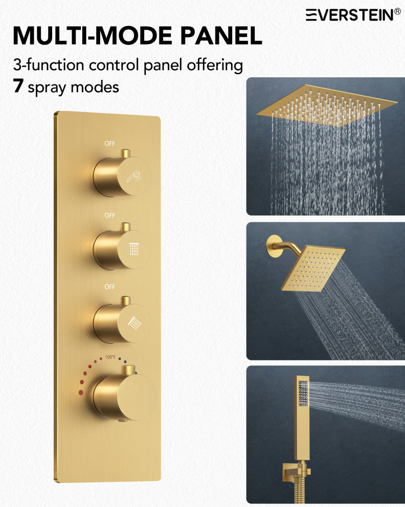 LED Dual Heads 12" Rain Shower System With Thermostatic 3-Way Faucet, Brushed Gold