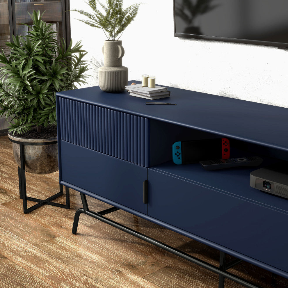 Danel TV Stand Fits TV's Up to 65", 3-Drawers, Textured Panels, Blue