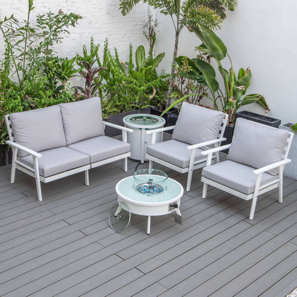 LeisureMod Walbrooke Patio Conversation Set With Fire Pit Table, Light Grey