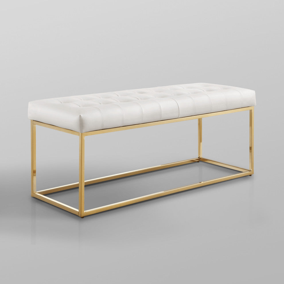 48" White and Gold Upholstered Faux Leather Bench