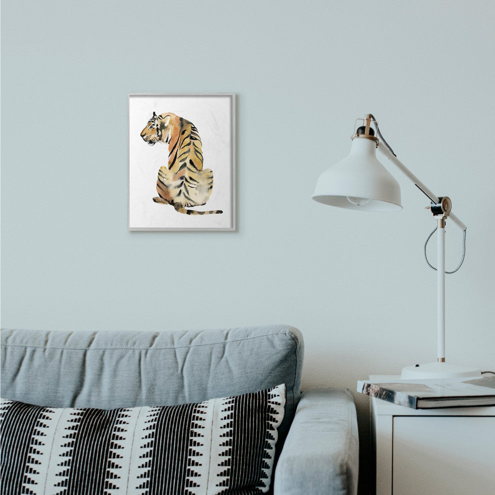 Tiger Posture Animal Watercolor Painting, 11"x14", Gray Frame