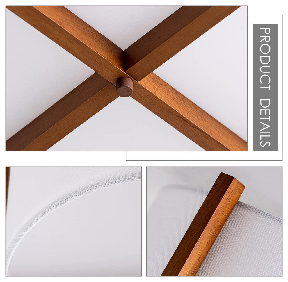 Wood Semi Flush Mount Ceiling Light Fixture, Off White Fabric Shade