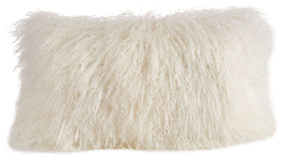 Mongolian Lamb Fur Poly Filled Throw Pillow, Ivory, 12"x20"