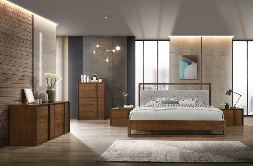 Nova Domus Falcor Modern Gray Fabric and Walnut Veneer Bed, Queen