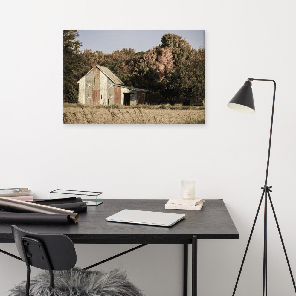 Patriotic Barn in Field Aged Rural Landscape Canvas Wall Art Print, 24" X 36"