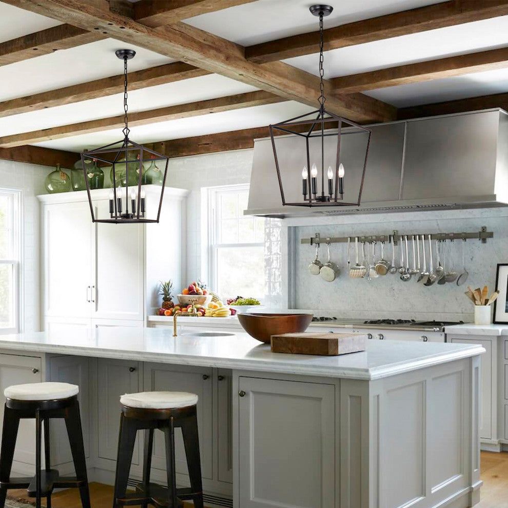 4-Light Oil Rubbed Bronze Lantern Cage Pendant Chandelier