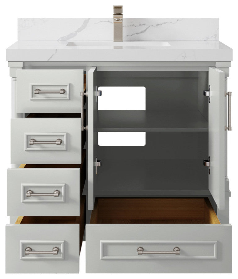 Aberdeen 36 Center Sink Bath Vanity in Coventry Gray 2" Calacatta Laza