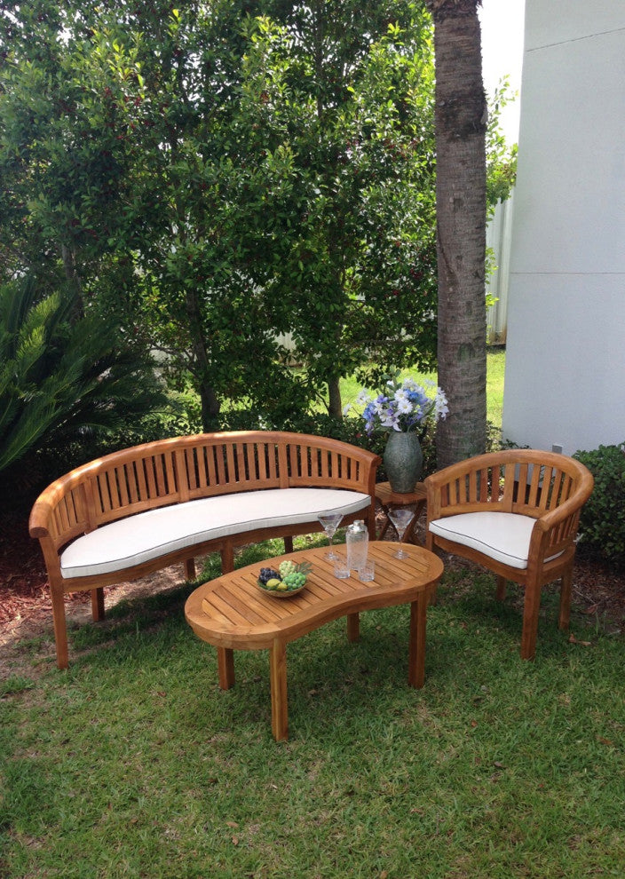 Teak Wood Peanut 3-Piece Patio Lounge Set, Triple Bench, Chair and Coffee Table