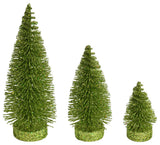Glitter Oval Pine Artificial Christmas Tree Set of 3 , Lime, 3"-5"-7"