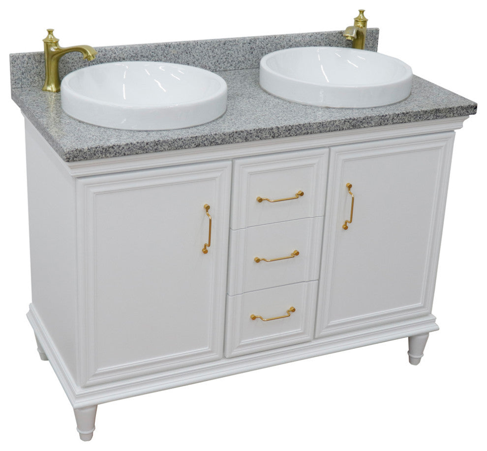 49" Double Vanity, White Finish With Gray Granite And Round Sink