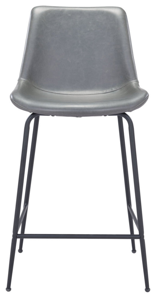 Counter Stool Chair, Faux Vinyl Leather, Steel, Gray, Black, Mid Century