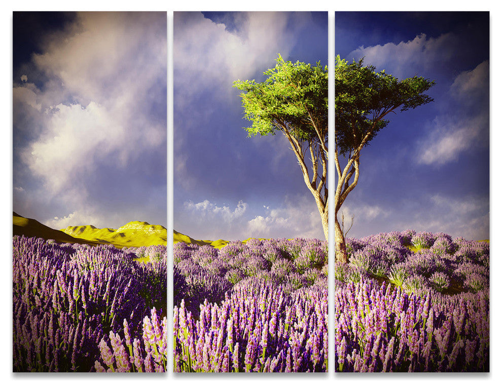 "Green Tree in Lavender Field" Metal Wall Art, 3 Panels, 36"x28"