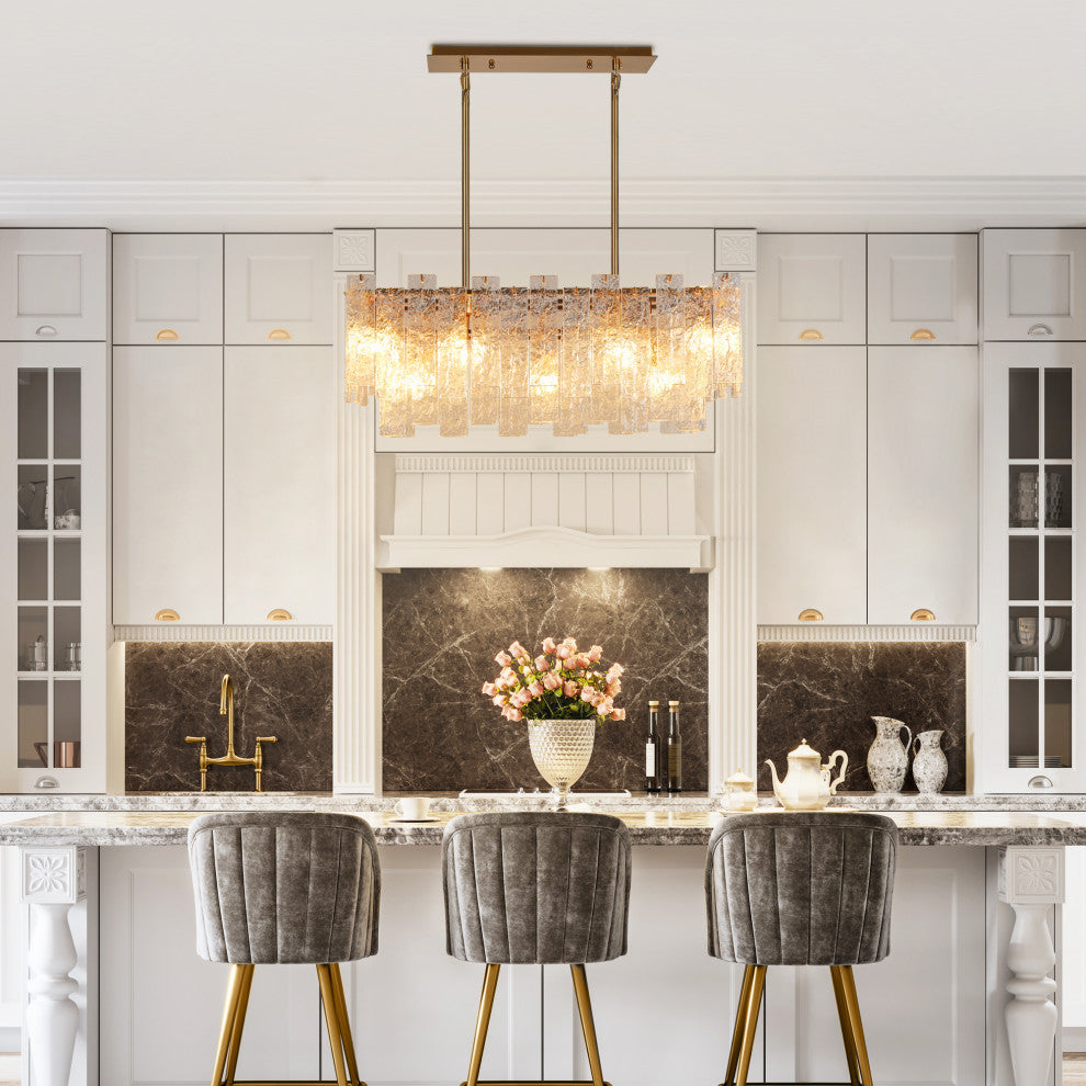 LNC Engaveric 7-Light 31" Modern Crystal Rectangle Kitchen Island Light, Brass