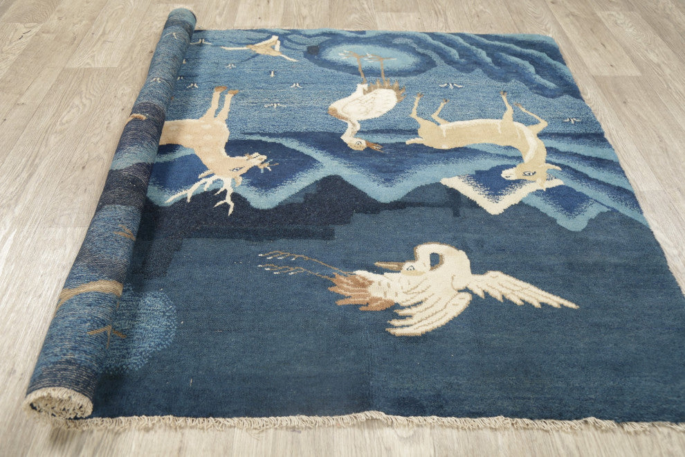 Consigned, Antique Hand-Knotted Novelty Chinese Area Rug, Blue, 3'11"x5'11