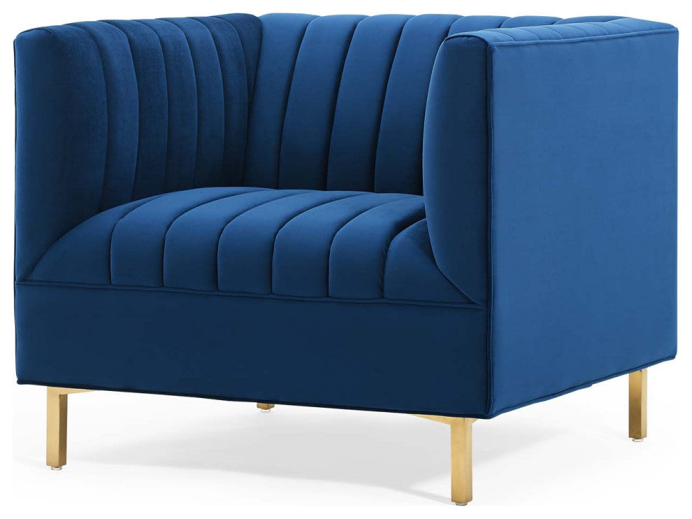 Tufted Armchair Accent Chair, Velvet, Blue Navy, Modern, Lounge Hospitality