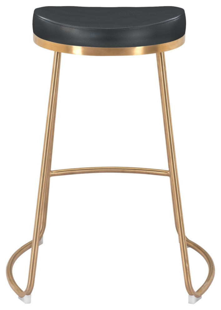 Counter Stool Chair, Set of 2, Faux Vinyl Leather, Steel, Black, Gold, Cafe