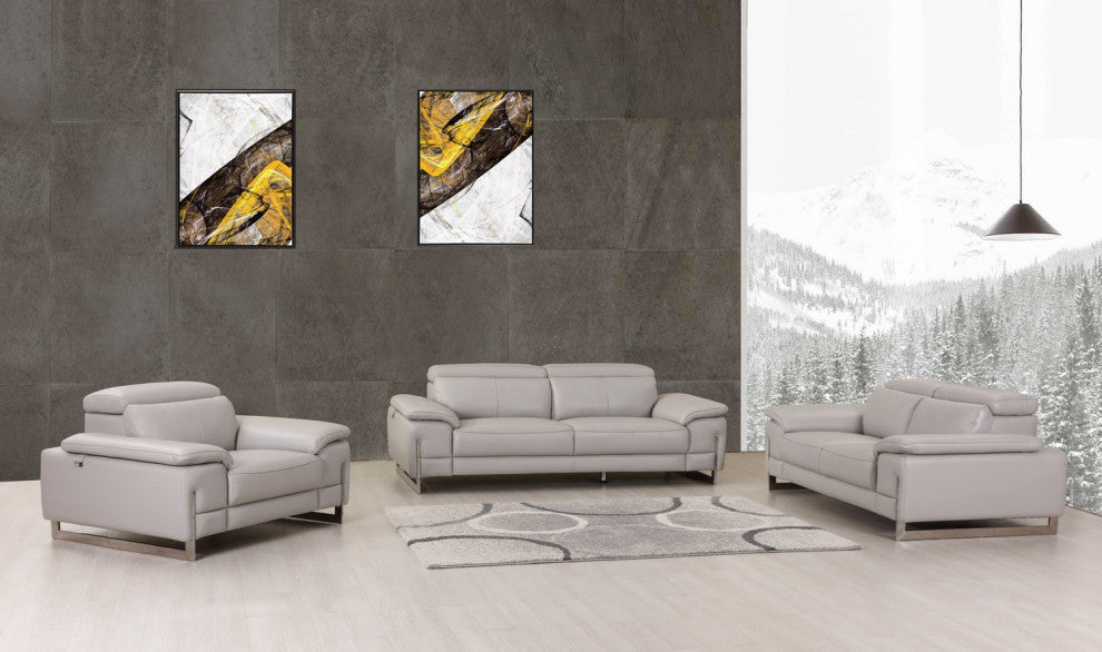 Three Piece Indoor Light Gray Italian Leather Six Person Seating Set