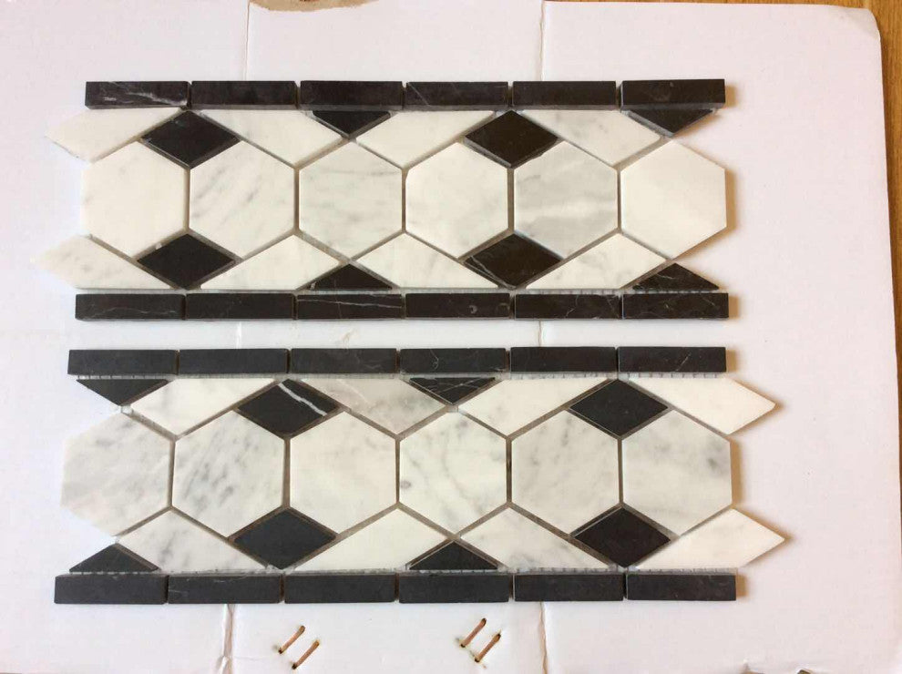 Carrara White Marble Hexagon Mosaic Border Listello Tile Honed 2", 1 sheet