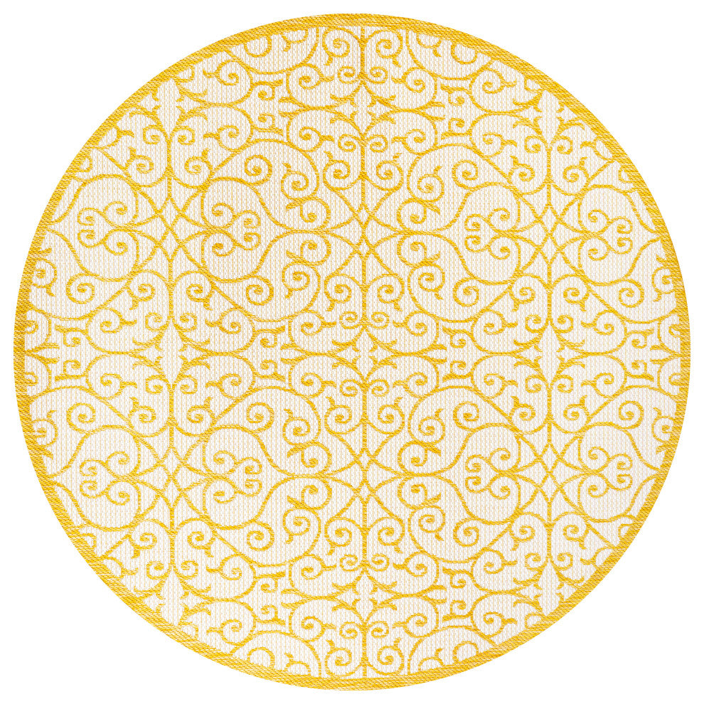Madrid Vintage Filigree Textured Weave Indoor/Outdoor, Cream/Yellow, 5' Round