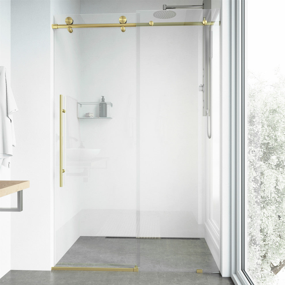 VIGO Elan E-Class 60" to 64" W x 76" H Frameless Sliding Shower Door, Matte Gold, Clear Glass
