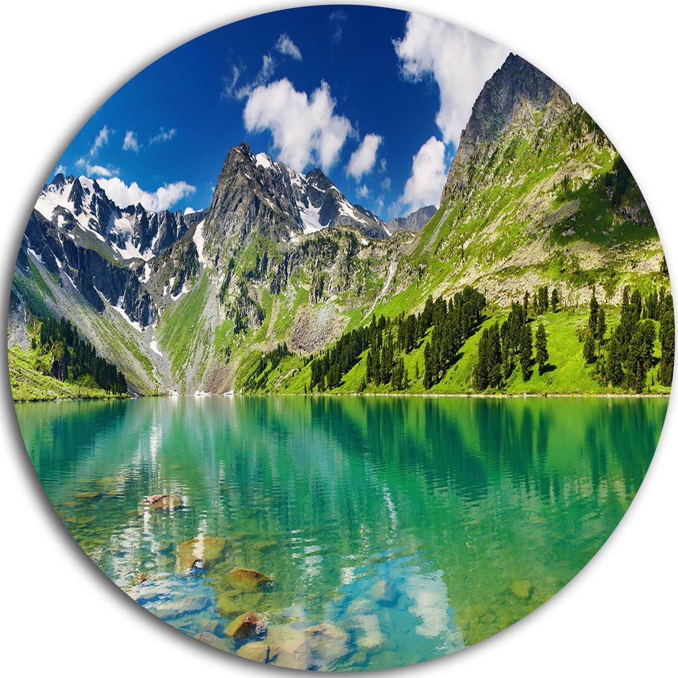 Bright Day Mountain Lake, Photography Large Disc Metal Wall Art, 11"