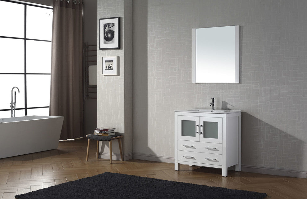 Dior 32" Single Bathroom Vanity, White, White Ceramic, Brushed Nickel Faucet