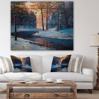 Designart River Sunset Winter Forest Landscapes Wood Wall Art 46x36