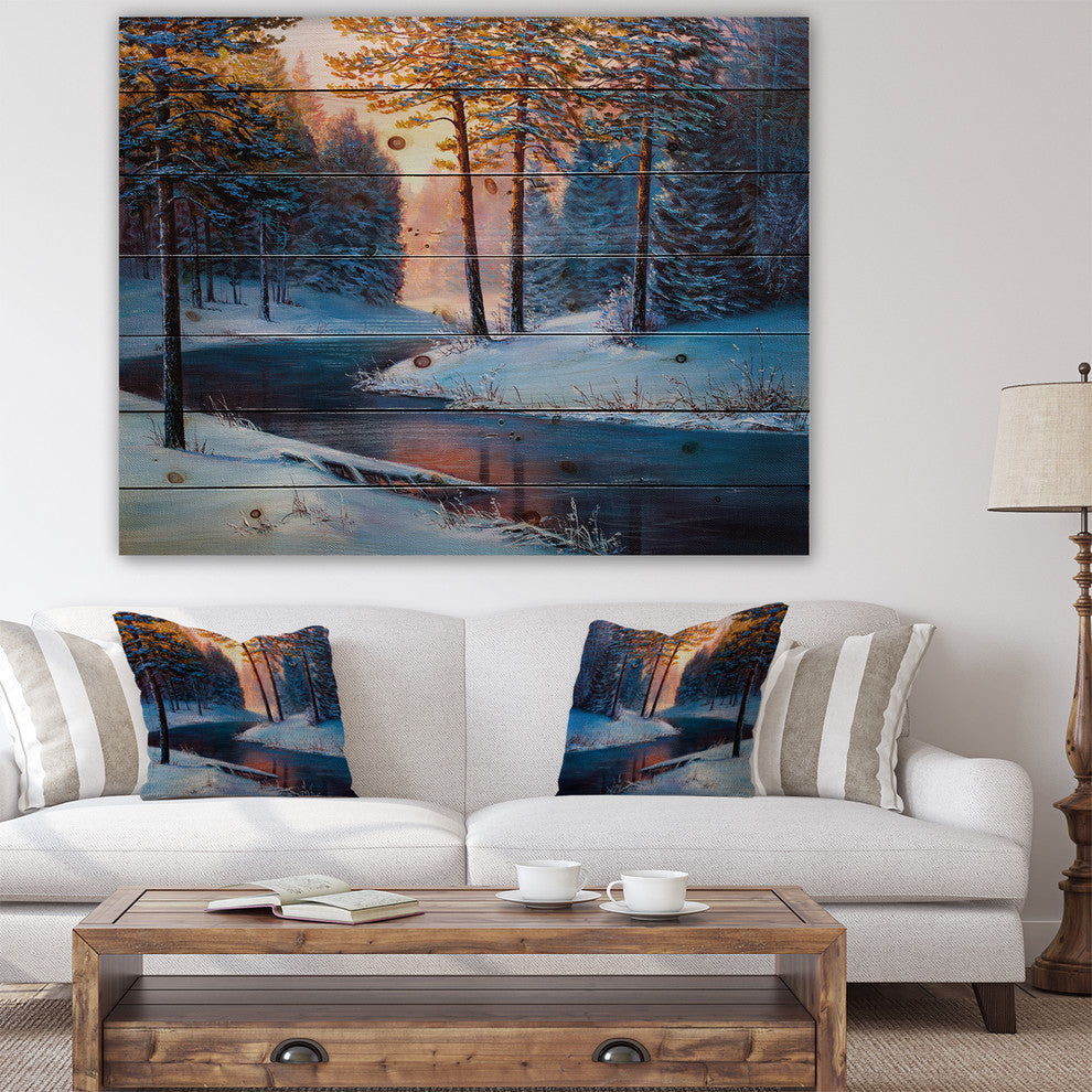 Designart River Sunset Winter Forest Landscapes Wood Wall Art 46x36