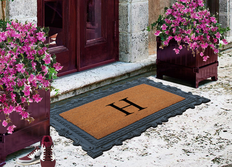 Carson Black/Beige Rubber And Coir 24"x36", Monogrammed Doormat, H