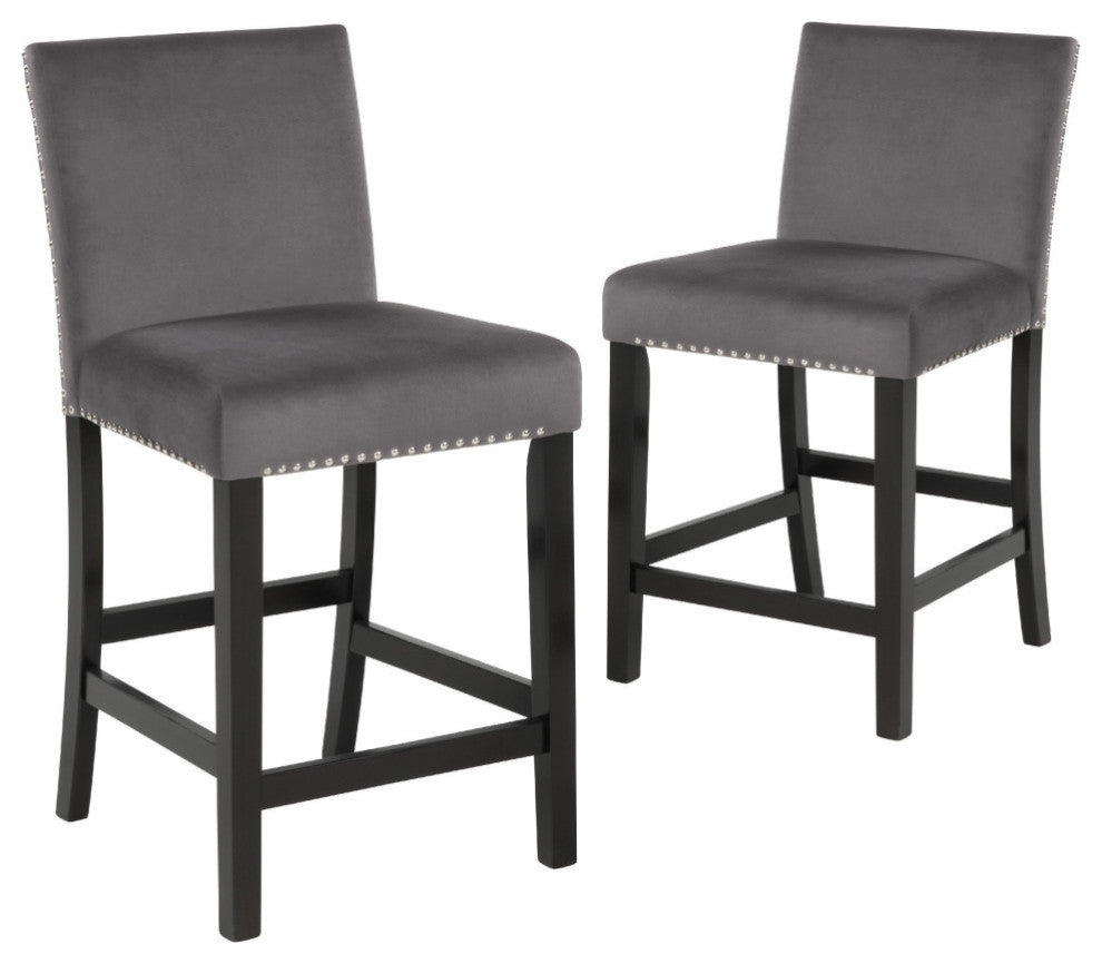 Kate 40 Inch Wooden Counter Height Chair with Velvet Seat, Set of 2, Gray