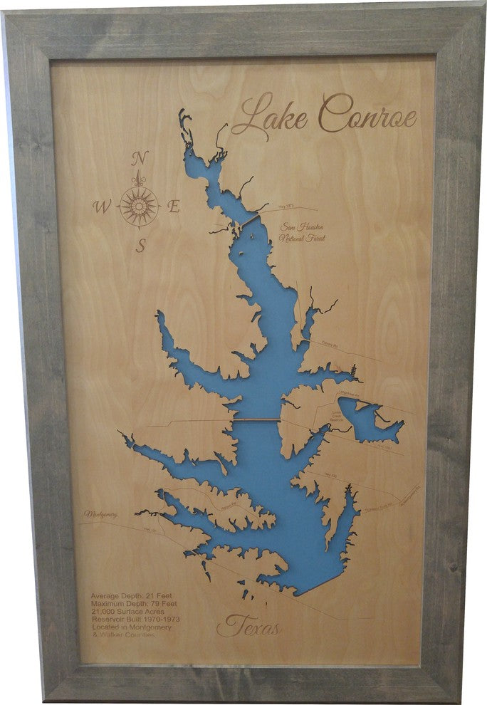 Lake Conroe, Texas-Wood Lake Map, Large Framed