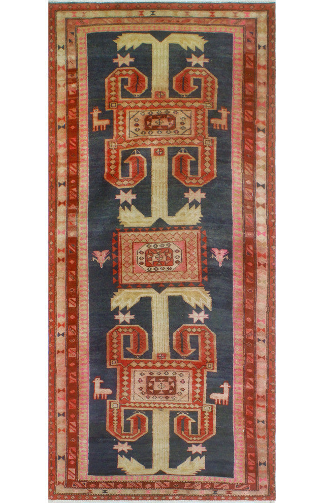 Fine Vintage Distressed Beheshta Navy/Burgundy Runner, 4'0x9'4