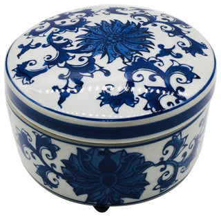 Blue & White Chinoiserie Round Ceramic Box - Lotus