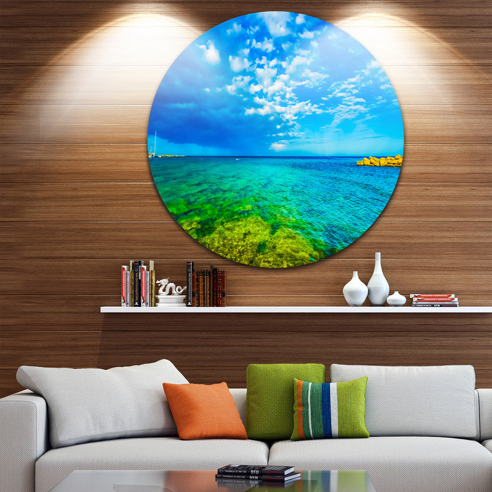 Picturesque Green Blue Seashore, Seascape Disc Metal Artwork, 11"