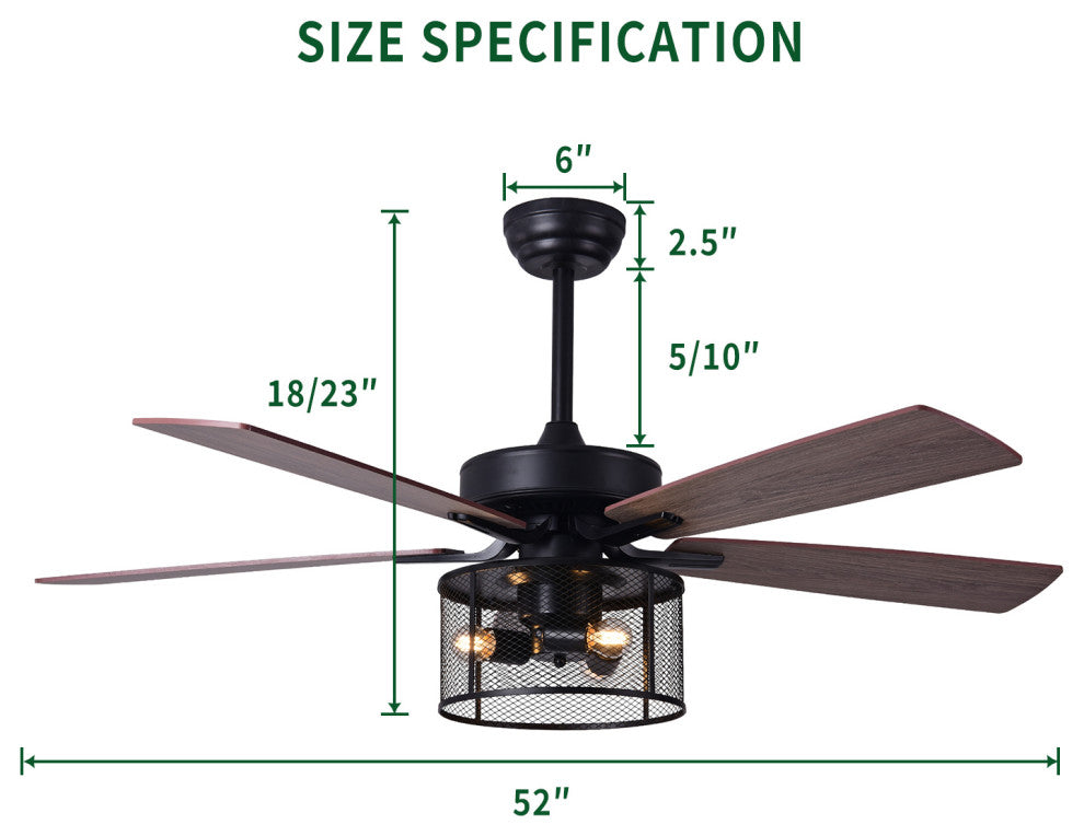 52" Ceiling Fan With Lights and Remote Control, Reversible Blades, Matte Black