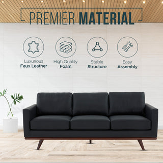 LeisureMod Chester Mid-Century 3-Seater Leather Modern Sofa, Black