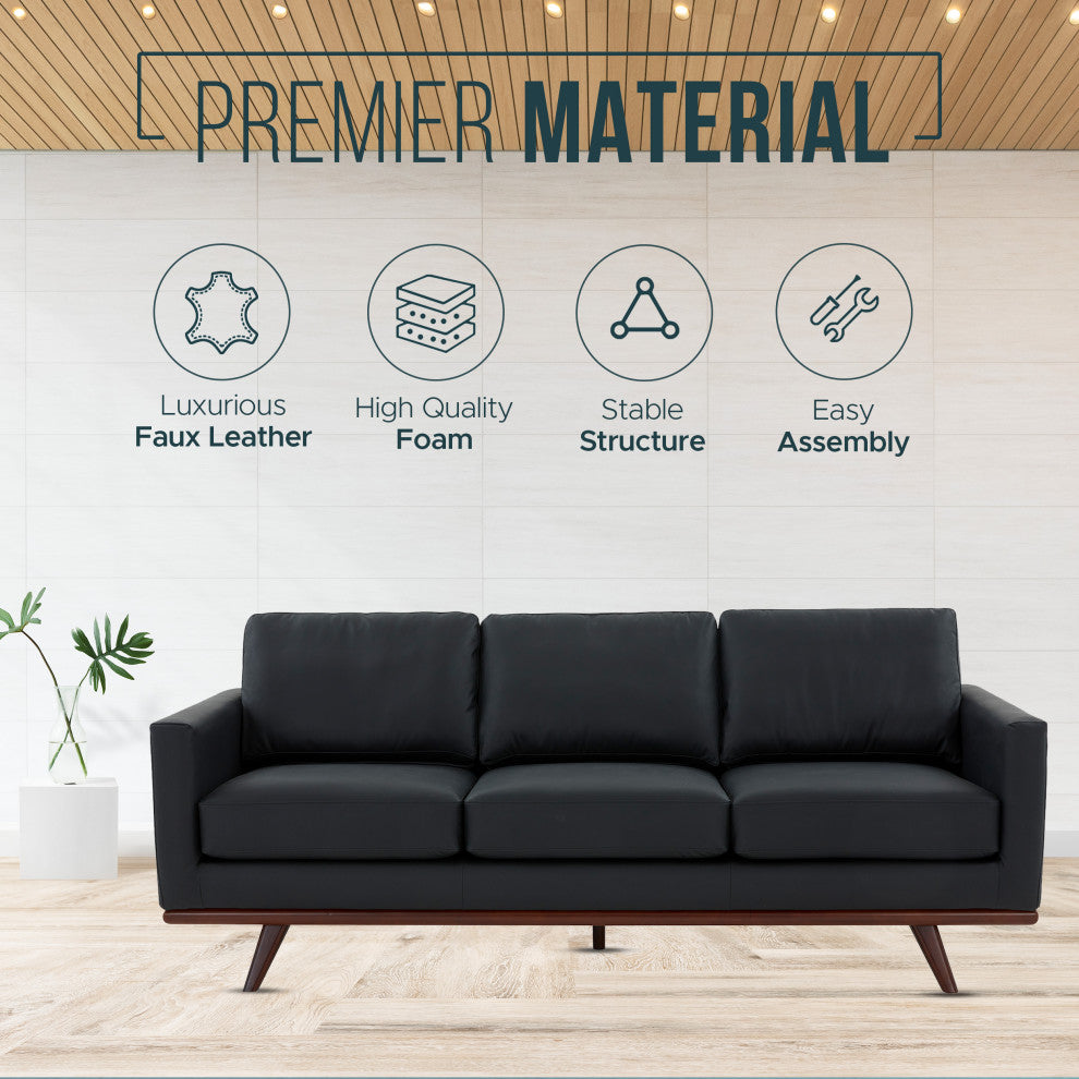 LeisureMod Chester Mid-Century 3-Seater Leather Modern Sofa, Black