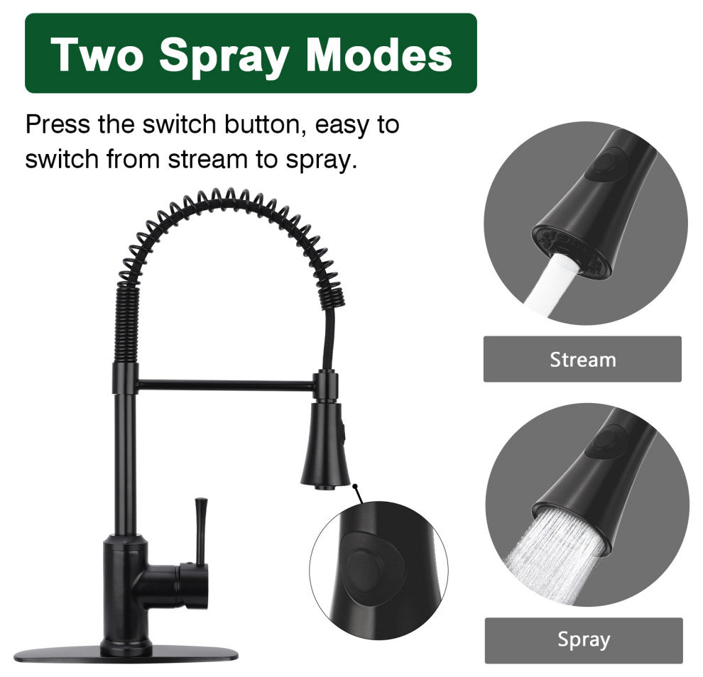 Copper Pre-Rinse Spring Kitchen Faucet with Pull Down Sprayer, Matte Black