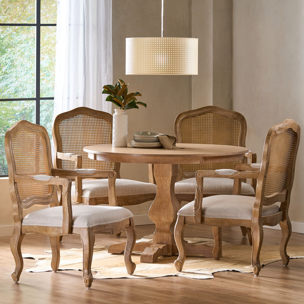 Absaroka French Country Fabric Wood and Cane 5-Piece Dining Set, Natural/Beige