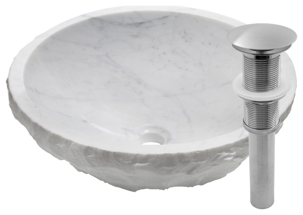 Natural Carrara White Marble Chiseled Stone Vessel Sink and Drain, Brushed Nickel