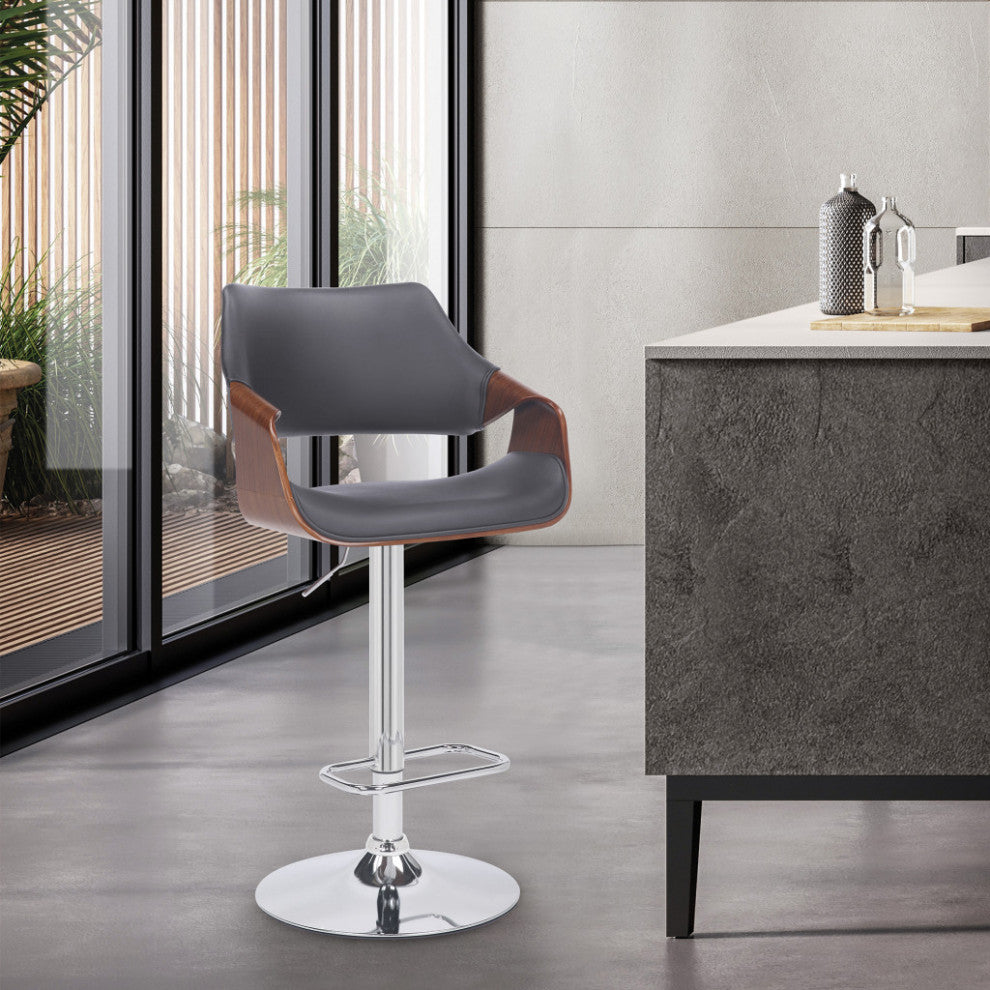 Gray Faux Leather and Walnut Wood and Chrome Swivel Adjustable Bar Stool