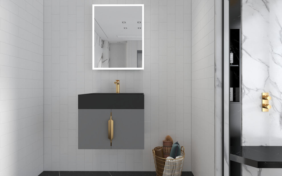 CastelloUSA Amazon 24" Wall Mounted Bathroom Vanity Set, Gray, Black Top, Gold
