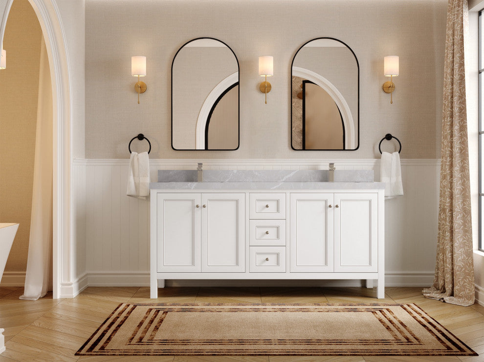 Nashville 72" Double Sink Bath Vanity, White 2" Pearl Light Gray