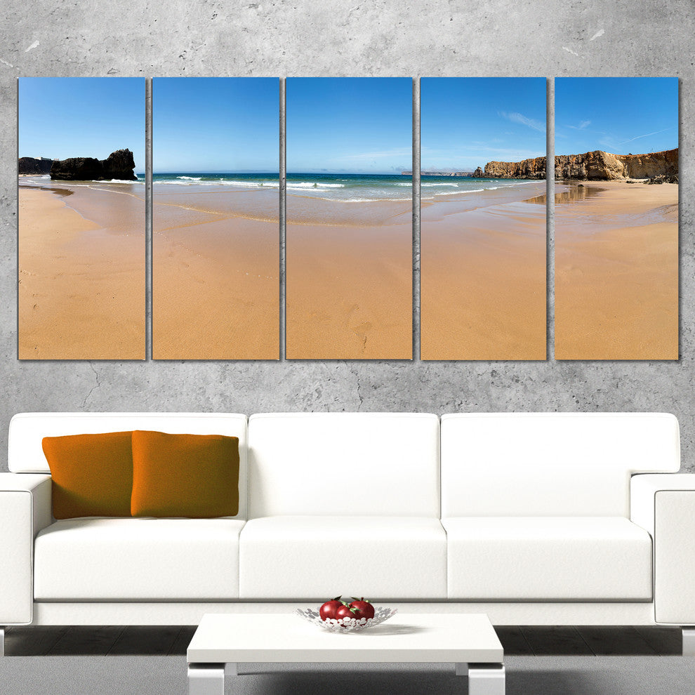 "Calm Sandy Coastline Panorama" Oversized Beach Wall Art, 5 Panels, 60"x28"