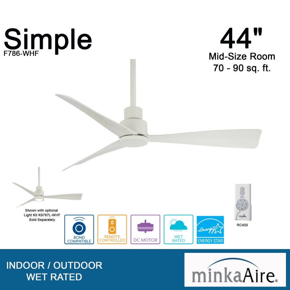 MinkaAire Nickel So Simple 44" 3-Blade Indoor / Outdoor Ceiling Fan w/ Remote