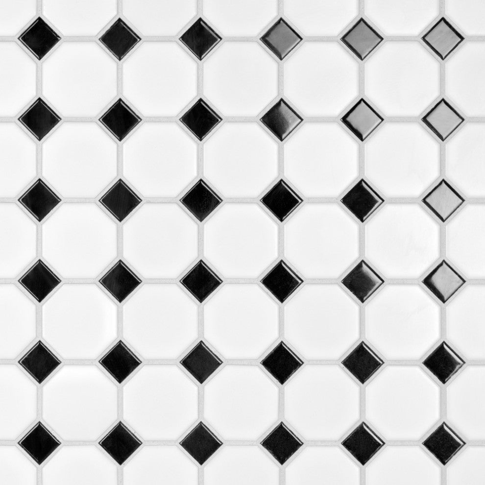 Metro Octagon Matte White w/ Black Dot Porcelain Floor and Wall Tile