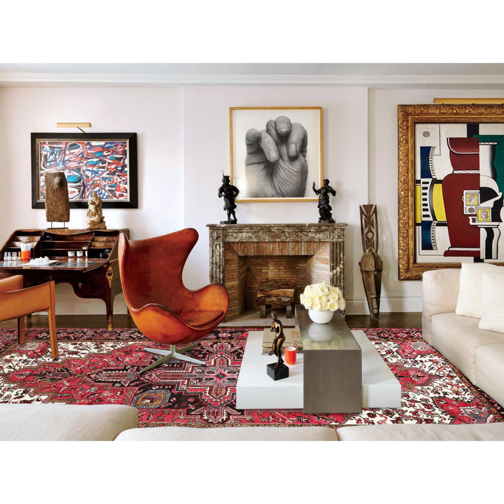 Imperial Red Pure Wool Hand Knotted Semi Antique Persian Heriz Rug 7'10"x11'5"