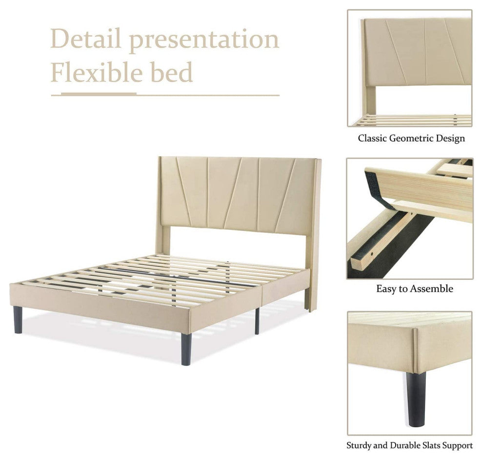 Full Bed Frame, Upholstered Platform Bed with Geometric Headboard and Wingback