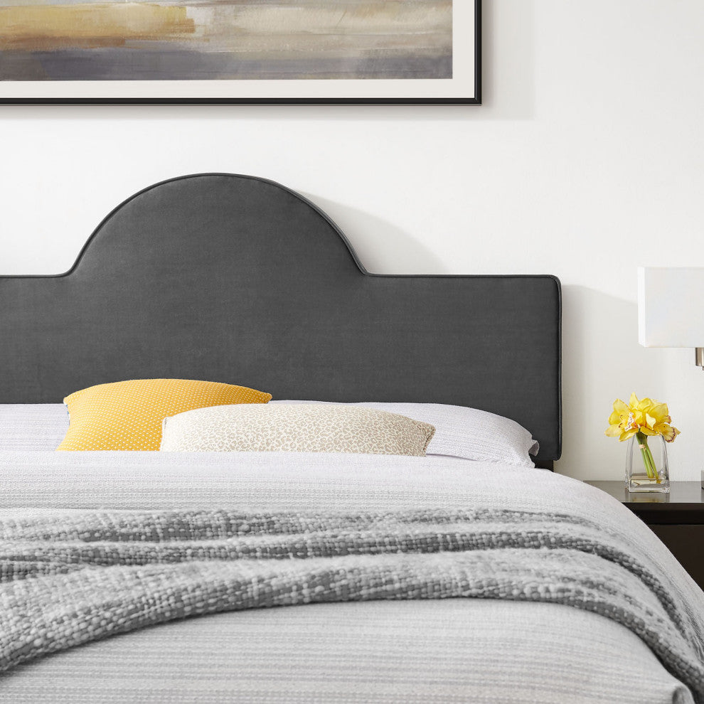 Platform Bed Frame, King Size, Charcoal Gray, Velvet, Modern, Guest Suite
