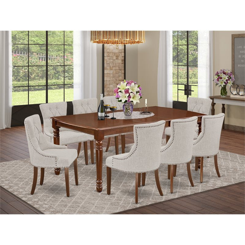 9-Piece Dining Set, Table With and 8-Chairs With Doeskin Fabric, Mahogany
